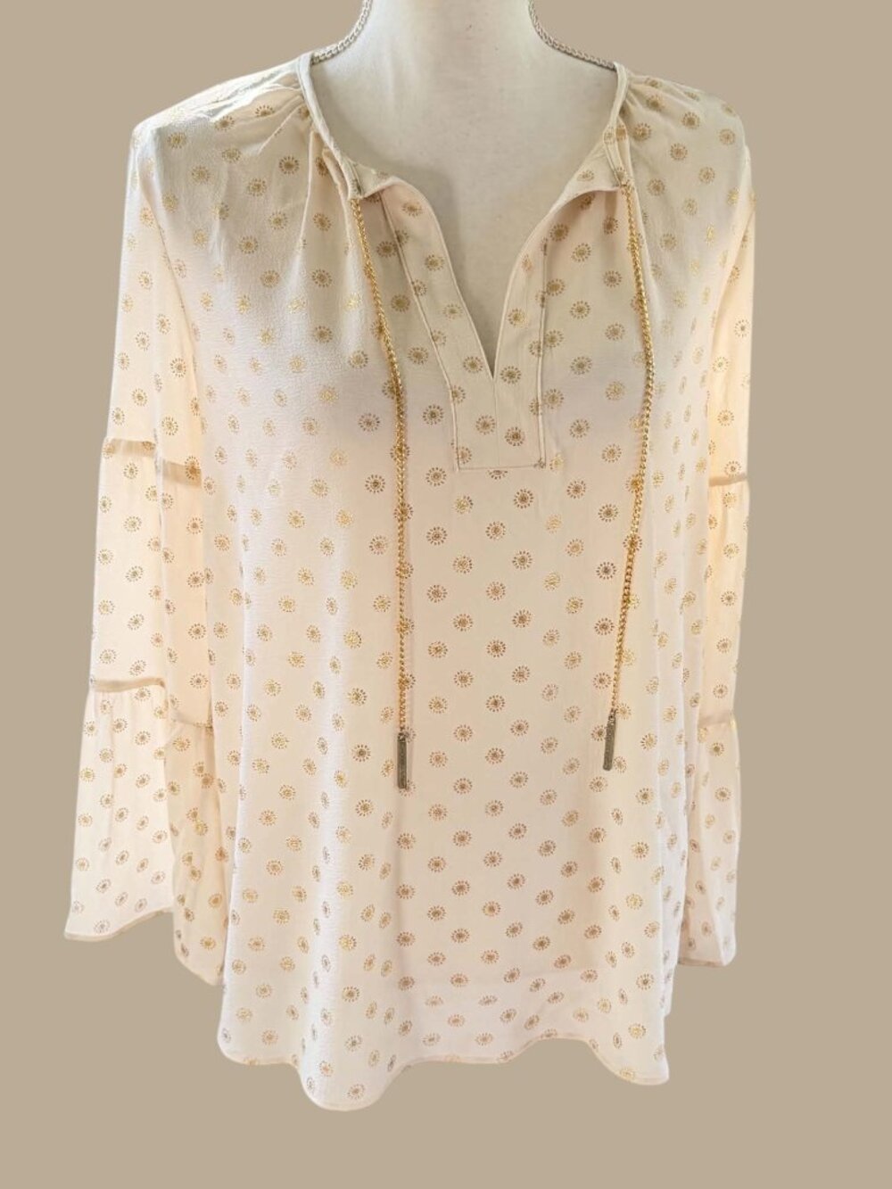 MICHAEL KORS White & Gold Long Sleeve Blouse Cream and Gold flowy top